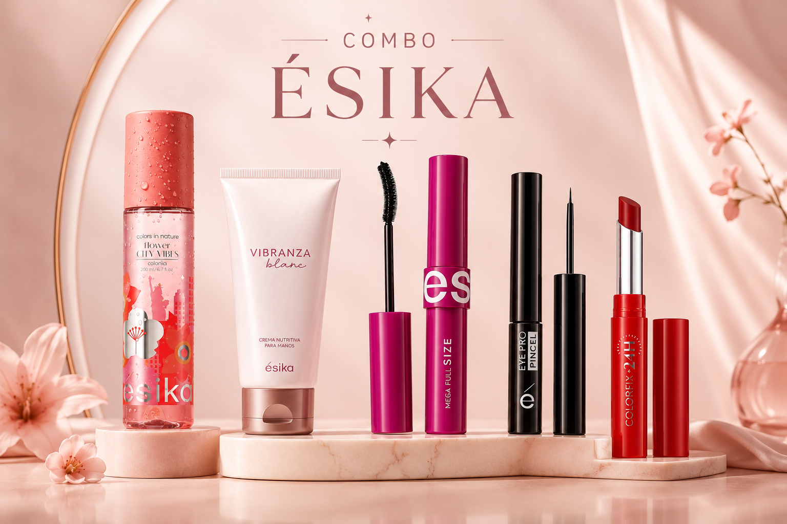 Kit Esika (Splash Perfumado + Crema Perfumada + Pestañina Mega Full Size + Delineador Liquido Negro + Labial Colorfix)